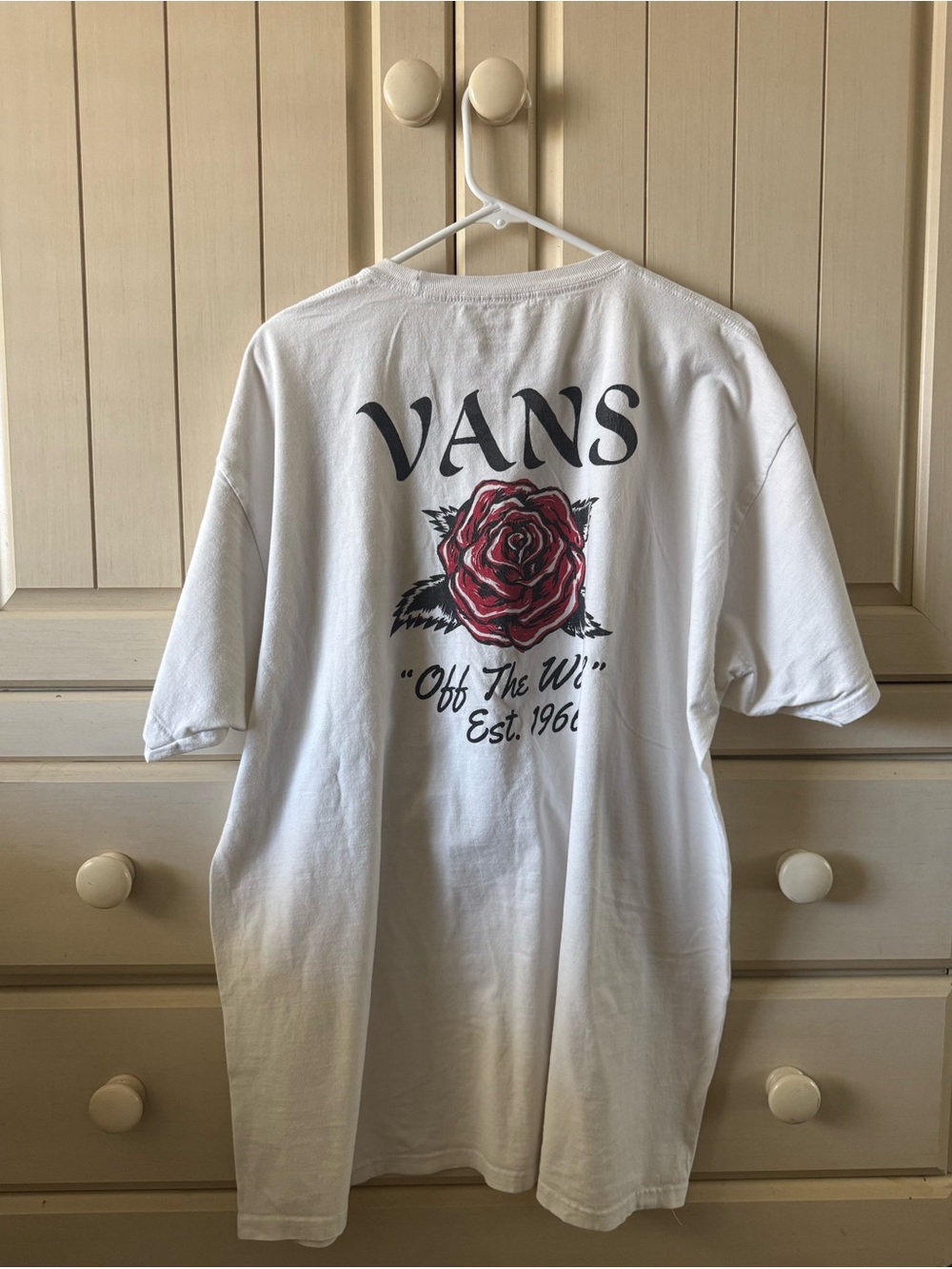 Vans White Short Sleeve Tee with Red Rose Back Graphic